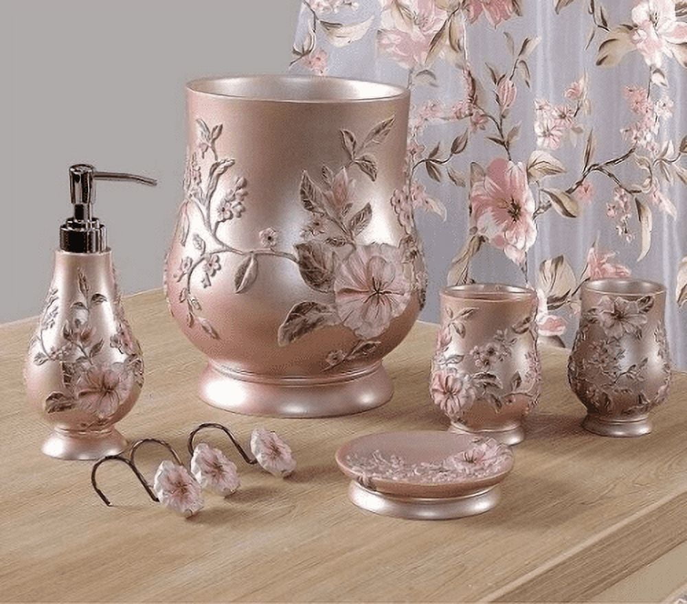 18 Piece Melrose Pink Shower Curtain and Resin Wastebasket and Accessory Set