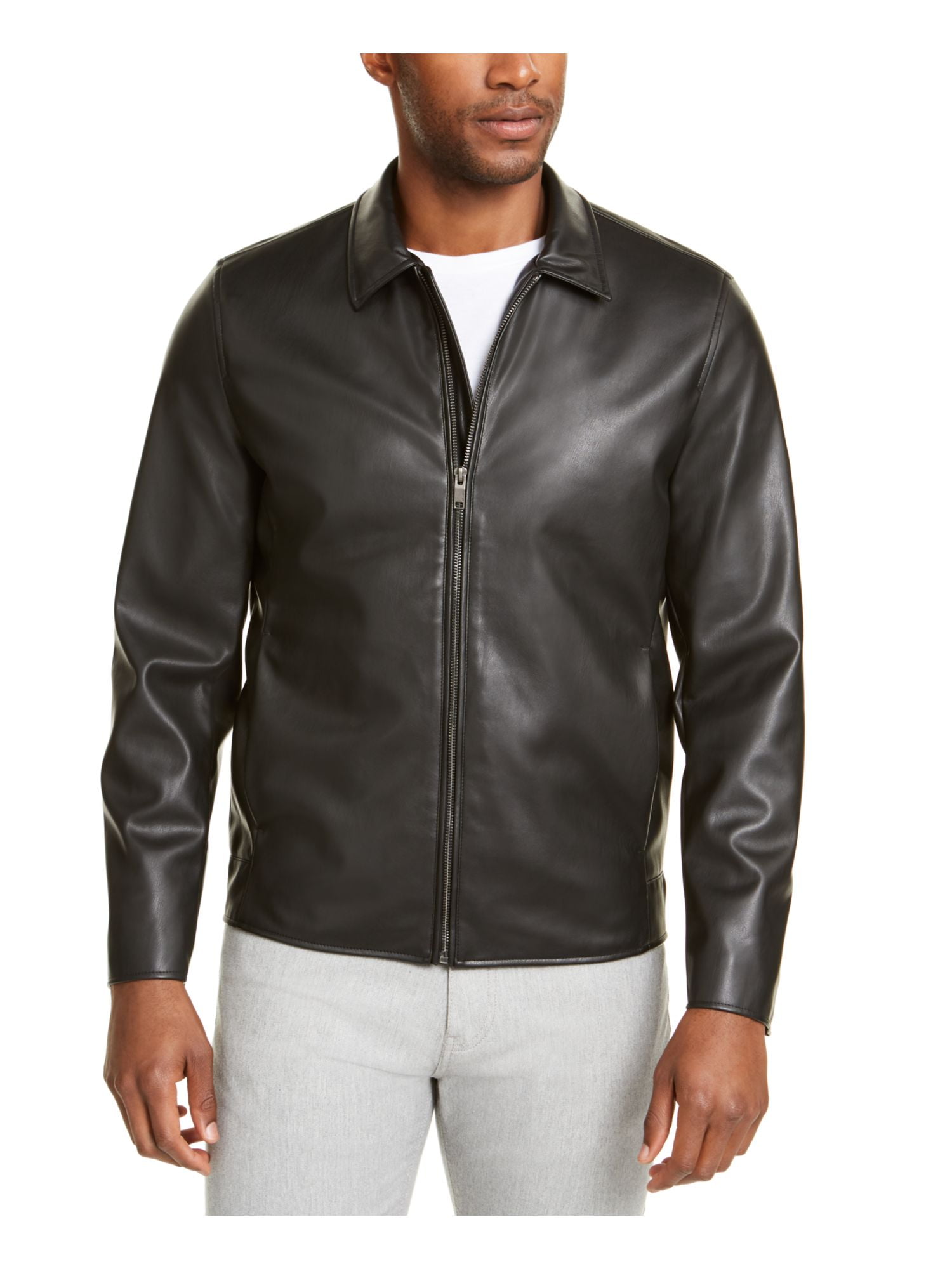 ALFANI Mens Black Faux Leather Zip Up 