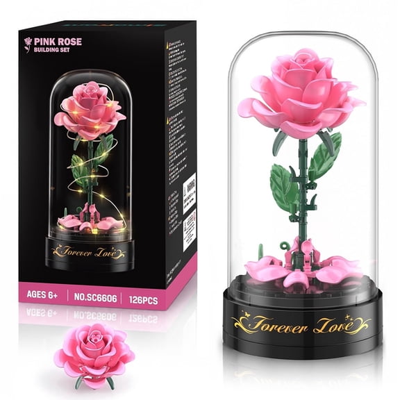 TERRAMUS Pink Rose Bouquet Building Set with Display Dome, Artificial Flower Building Kit, Botanical Collection, DIY Floral Home Decor, Gift for Women, Ages 12