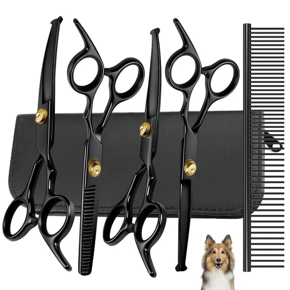 XUEYU Professional Dog Grooming Scissors Kit, 6 in 1 Titanium Coated Dog Grooming Scissors with Safety Round Tips, 4CR Stainless Steel & Heavy-duty, Pet Grooming Shears Kit for Dogs Cats(Pro Black)