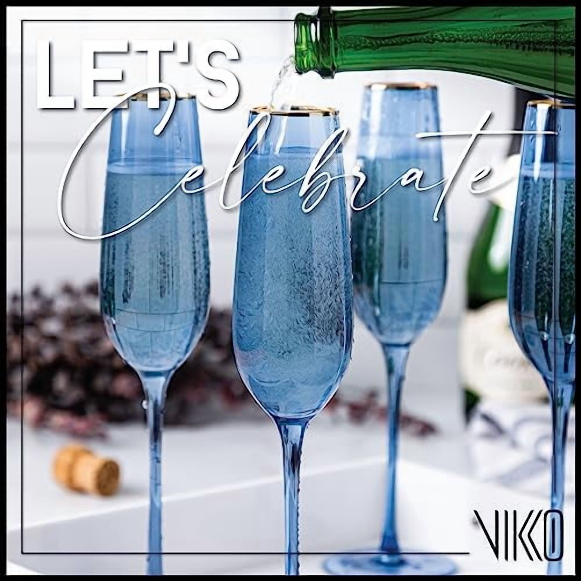 Vikko Champagne Flutes, 8.5 Ounce Toasting Champagne Flute, Blue with Gold Rim Crystal Clear Champagne Glasses, Set of 4 Elegant Sparkling Wine Glasses