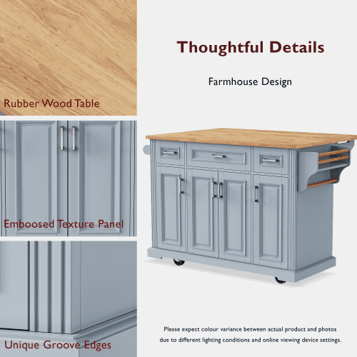 54 Inch Kitchen Island with Drop Leaf, Rolling Kitchen Cart on Wheels with Storage, 4 Doors & 3 Drawers, Farmhouse Style Mobile Island for Kitchen, Grey Blue
