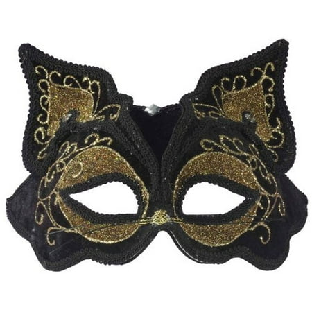 Adult size Fancy Black and Gold Cat Venetian Masquerade 1/2 Mask on Headband
