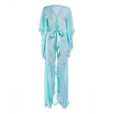 

Women Long Sleeve Plush Robe Luxury Kimono See Through Extra Long Babydoll Nightgown Dress