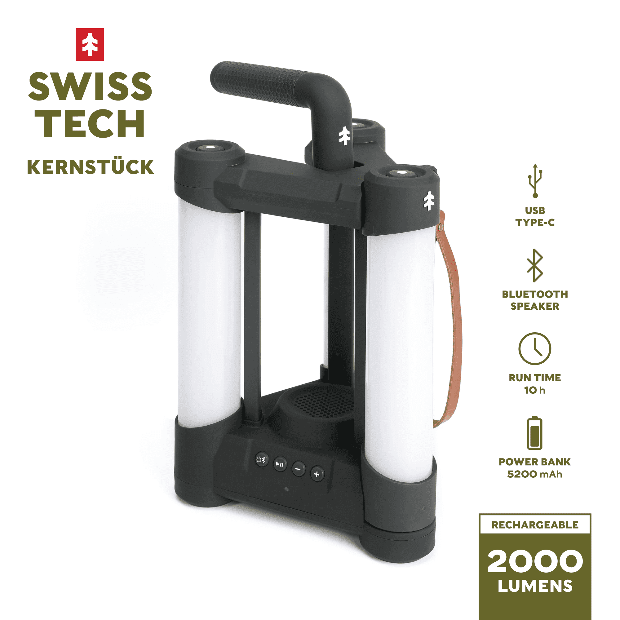 Swiss Tech Kernstuck Rechargeable 2000LM LED Lantern with Bluetooth Speaker, 5200 mAh Power Bank, IPX4 Weatherproof