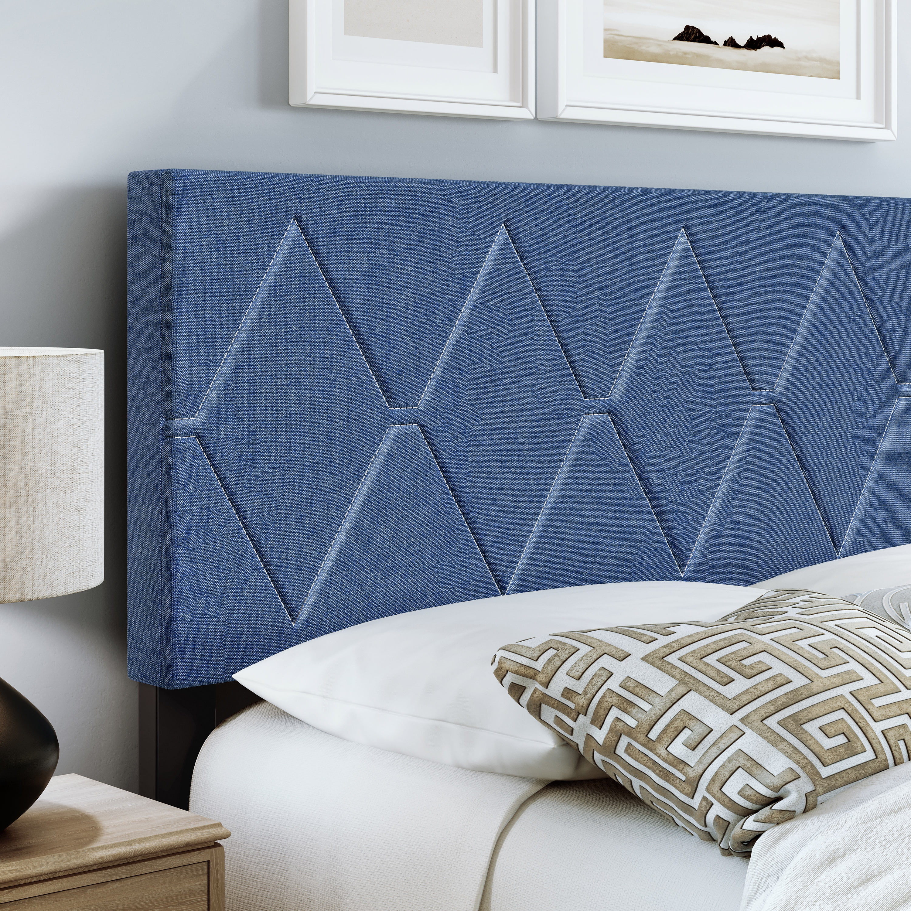 Boyd Sleep Diamond Blue Linen Full Size Fully Upholstered Platform Bed Frame with Adjustable Headboard, Qualified Box Spring or Foundation Required for Use