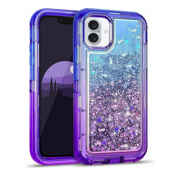 For Apple iPhone 16 Dual Layer Protective Shockproof Tough Defender Sparkling Liquid Glitter Heart Case Cover Blue/Purple