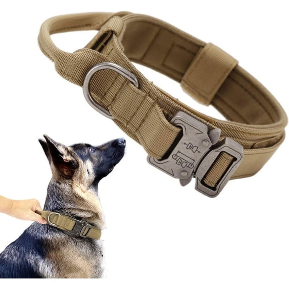 Adjustable Tactical Nylon Dog Collar with Control Handle and Heavy Duty Metal Buckle for Medium and Large Dogs Brown Large