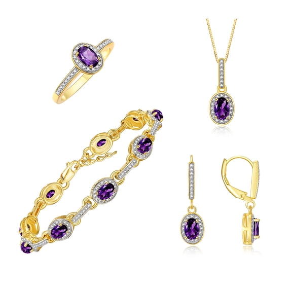 RYLOS Matching Jewelry:  Yellow Gold Plated Silver Halo Designer  - Tennis Bracelet, Earrings, Ring & Necklace. Amethyst February  Birthstone; Size 5