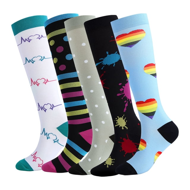 KAWELL Calcetines de compresión para mujeres y hombres, calcetines hasta la rodilla con soporte de 15-20 mmHg para correr, enfermería, atletismo,5 Pairs-Multicoloured b,Small-Medium