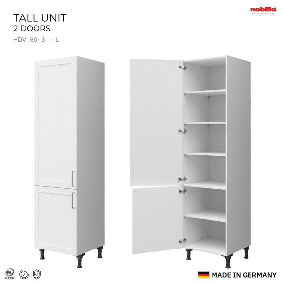 Premium fully-assembled German white shaker tall cabinet 23.6"(60cm) 2 left doors 5 Shelves