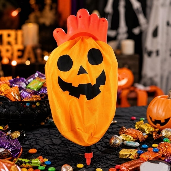 SPOORYYO Halloween Trick or Treat Bag, Pumpkin Candy Tote with Ghost Hand Handle, Reusable Jack-O’-Lantern Candy Holder for Halloween Party Favors & Decorations (15in,Pumpkin)