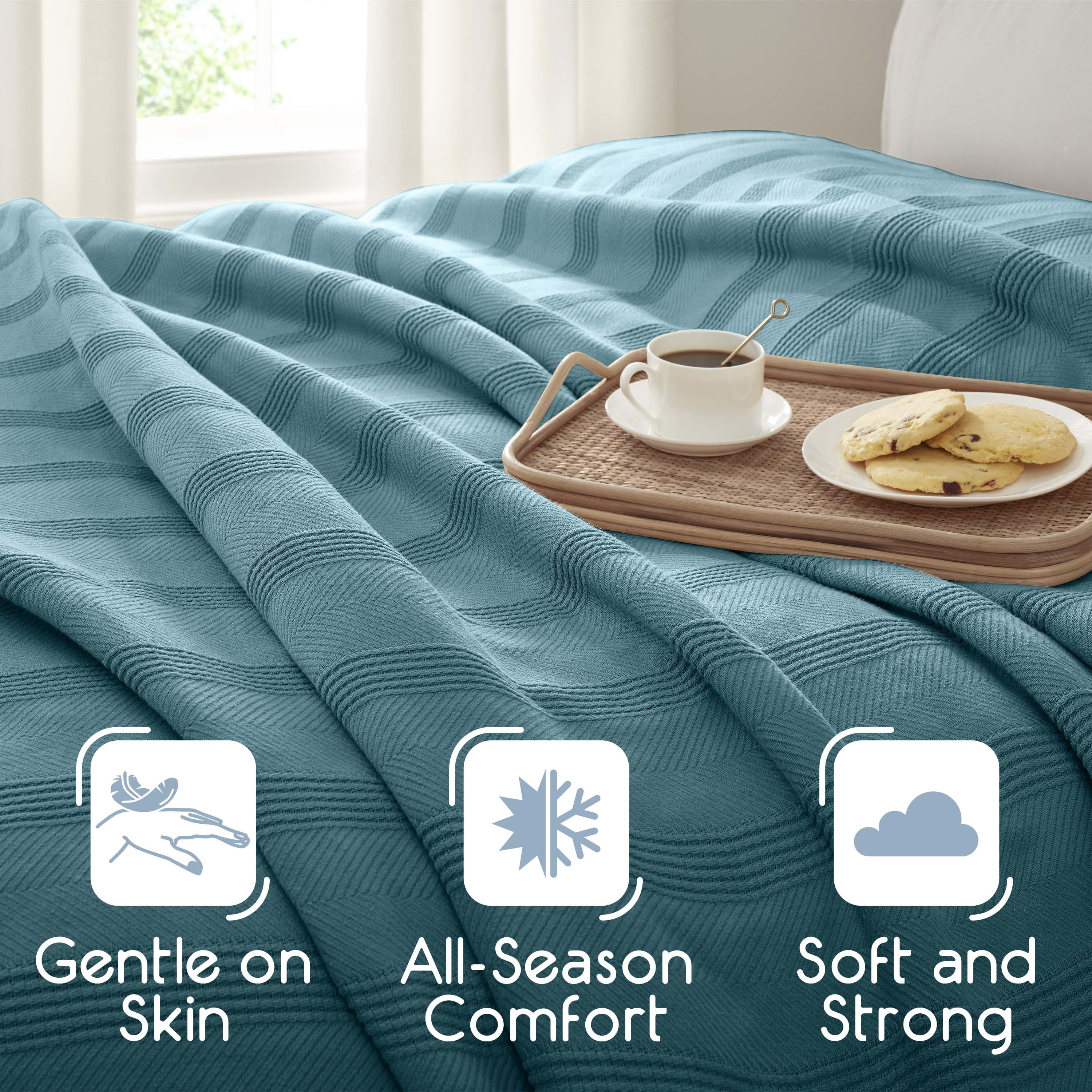 Lightweight Breathable 100% Cotton Knit Blanket – All-Season Bed Blanket – King Size – Blue