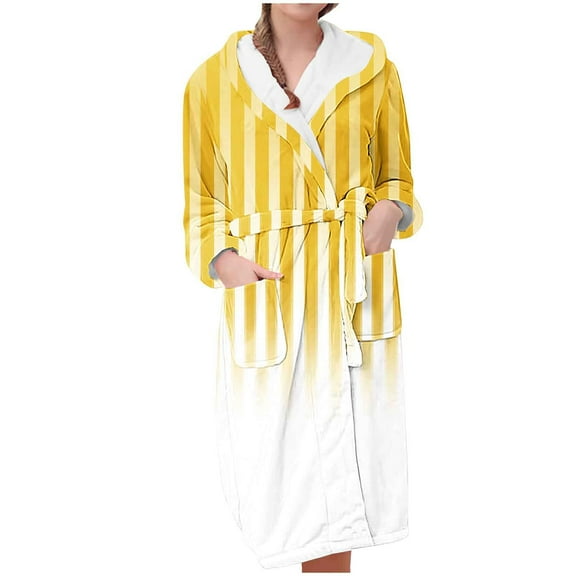 Kaemgyyd Plush Robes for Women Soft Warm Fleece Stripe Printing Bathrobe with Pockets Comfy Long Sleeve Midi Loungewear