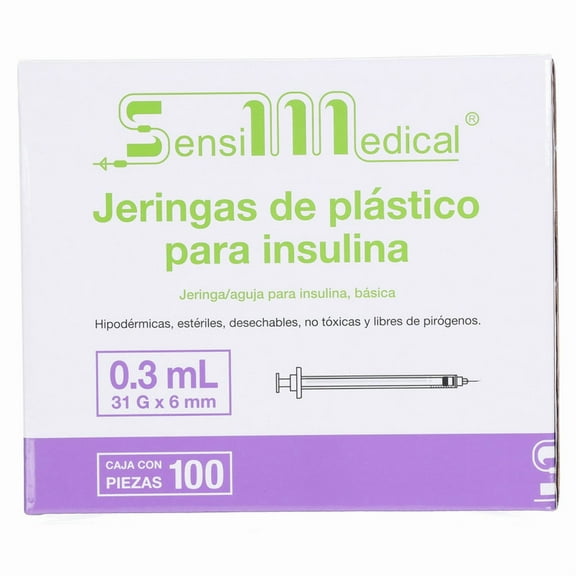 Sensimedical Jeringa para Insulina 0.3 ml con Aguja 31G x 6 mm, Caja con 100 Piezas