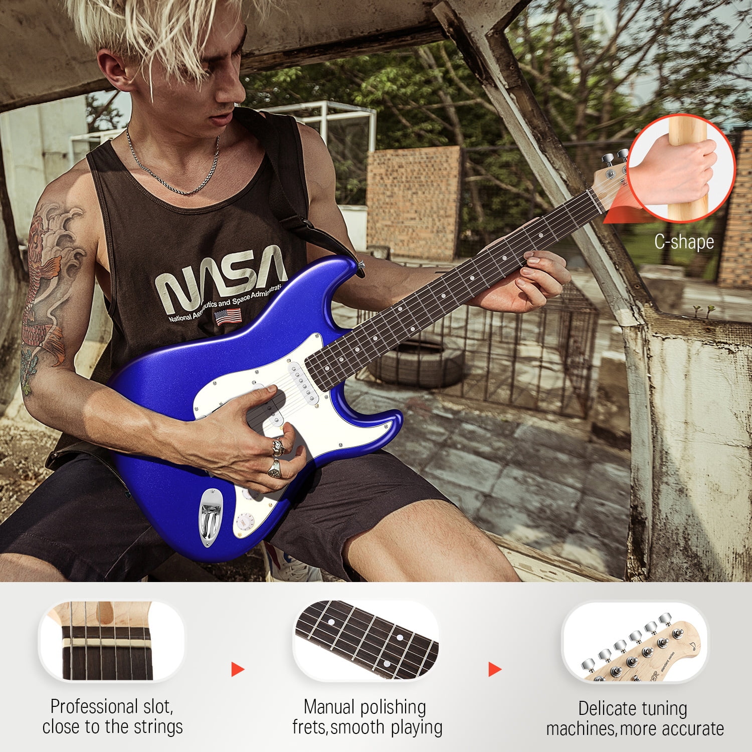 Donner Electric Guitar 11-Pieces 39" Beginner Solid Body with Kits Amplifier, Bag, Digital Tuner, Capo, Strap, String,Cable, Picks, Sapphire Blue