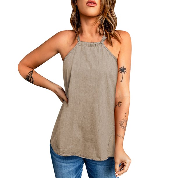 Gibobby Top de verano para mujer, camiseta Sexy con temperamento, chaleco estampado, camiseta sin mangas con cuello Halter y hombros descubiertos(Caqui,G)