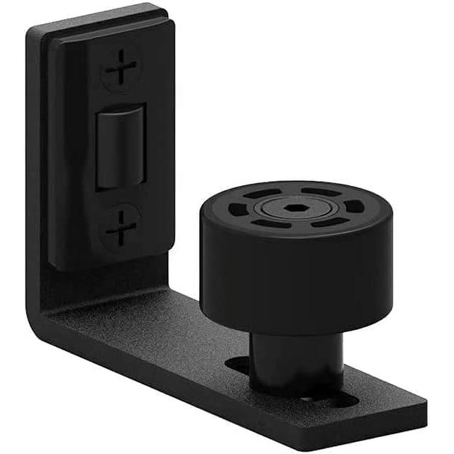 Sliding barn door bottom floor track with adjustable rollers and wall mounting system, shown in a black carbon steel frame. The design features a sturdy L-shaped bracket with a smooth roller for quiet and seamless sliding. Ideal for barn doors, it is corrosion-resistant and easy to install without requiring a door slot.