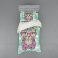 thumbnail image 2 of Ambesonne Cat Bedding Set 4 Pcs, Animal Fashion Hipster, Queen, Pink Mint Green, 2 of 3