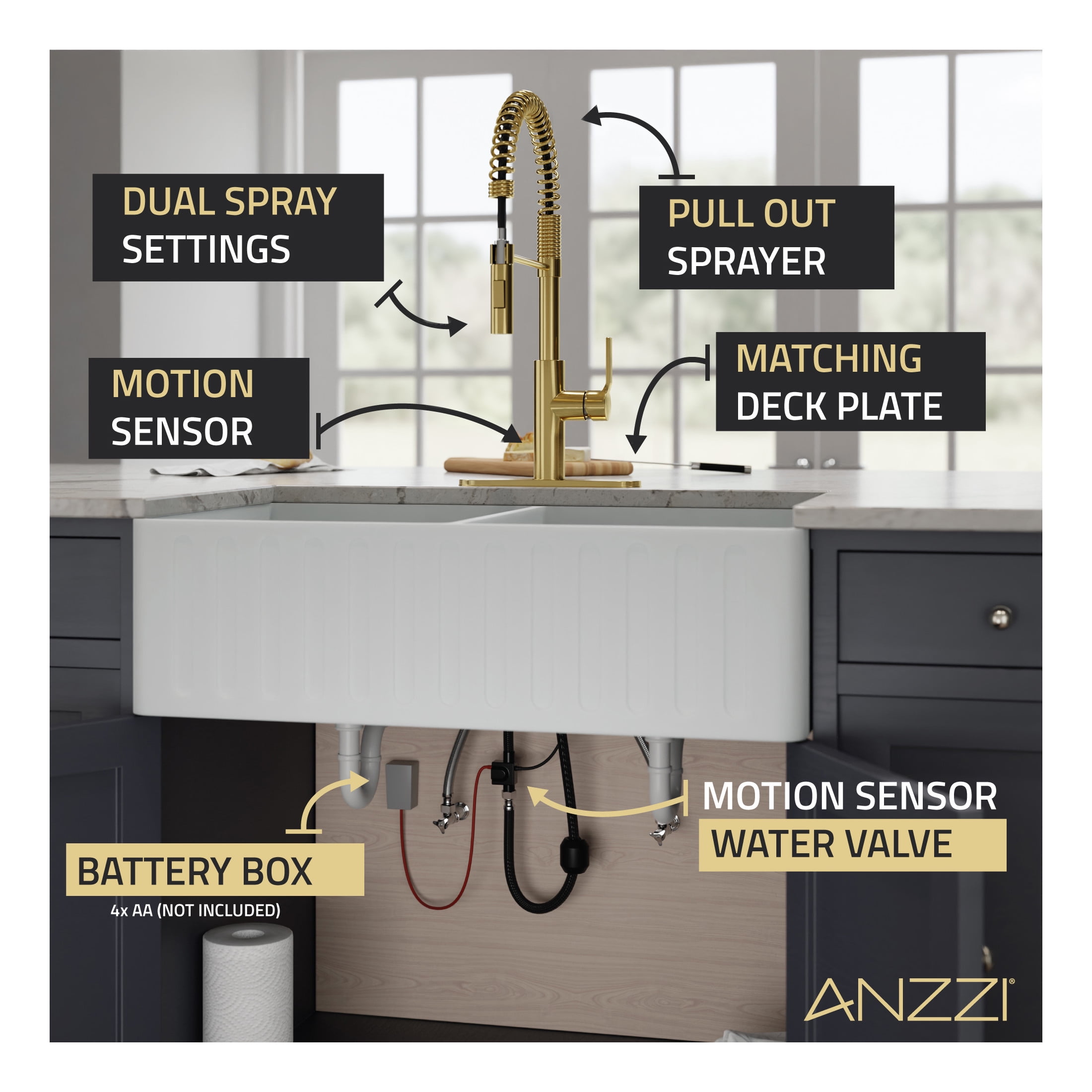 ANZZI Kitchen Faucet with Motion Sensor, Ola Hands-Free Touchless Pull-Down Sprayer in Brushed Gold