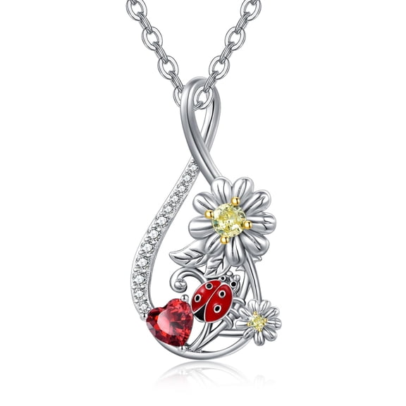 TANGPOET Flower Ladybug Necklace Sterling Silver Garnet Ladybug Pendant Daisy Jewelry Gift for Women