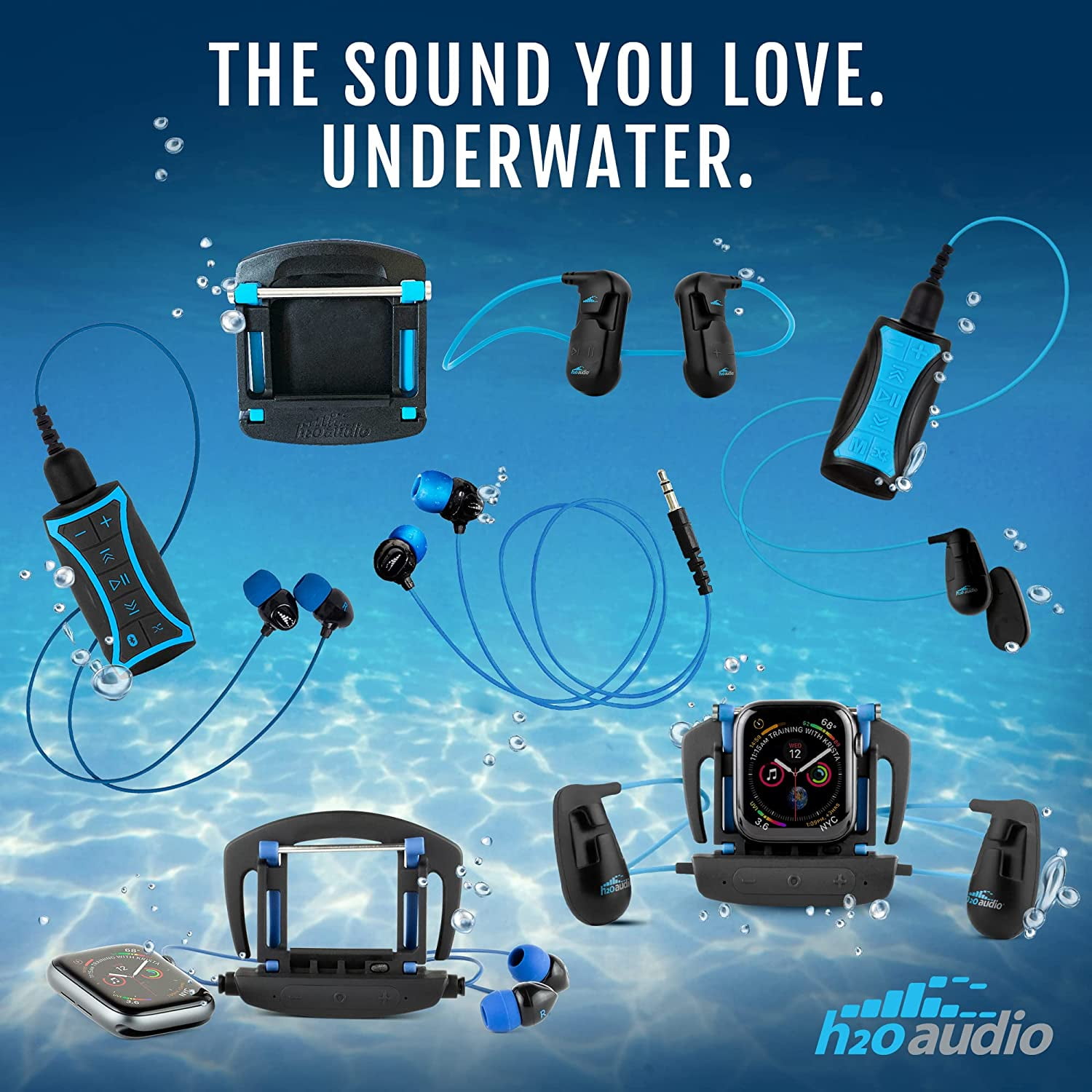 H2O Audio Interval Swim Headphones for Apple Watch – Waterproof IPX8 Swimming Earbuds with Bluetooth, 6-Hour Battery Life, Open-Ear Bone Conduction, and Goggle Loops – Blue