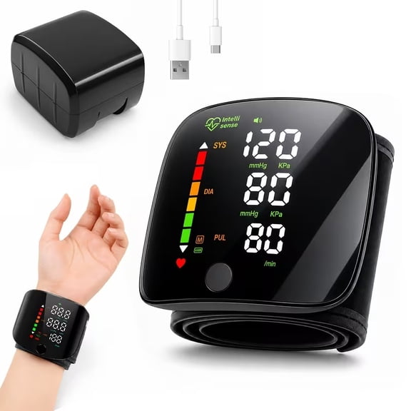 Rechargeable Wrist Blood Pressure Monitor, Automatic Digital BP Machine with Large LED Display, Voice Broadcast, Portable Home Use Blood Pressure Meter for Adults Elderly