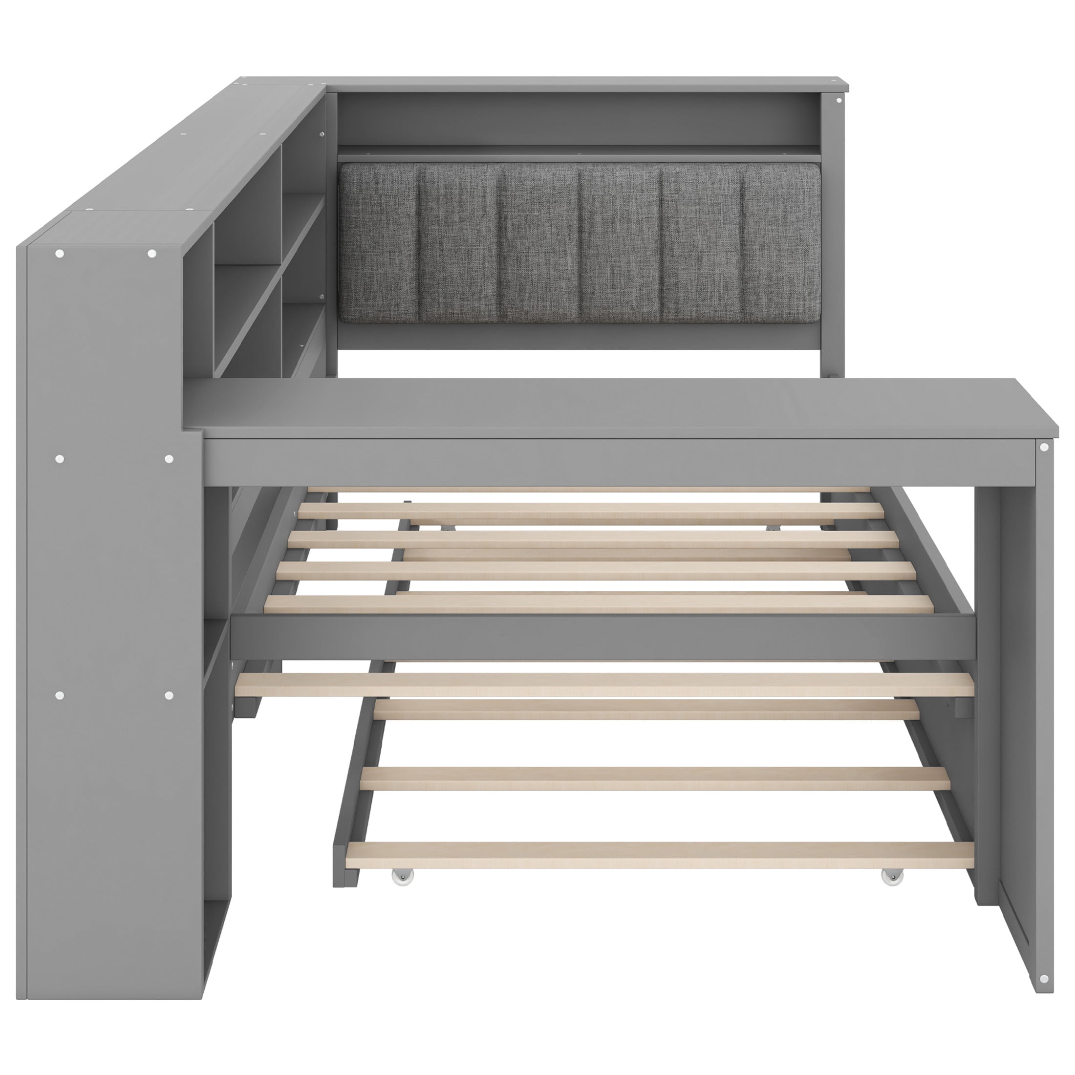 Noble House Twin Platform Bed with Upholstered Headboard, Extra Trundle, Storage Shelves and Charging Station, Grey