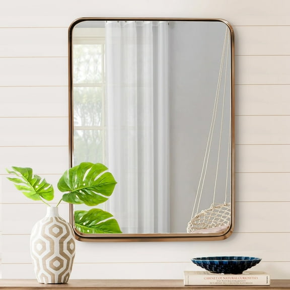 22”x30” Rectangular Gold Mirror | Hangs Horizontal or Vertical, Rounded Corners, Stainless Steel Frame
