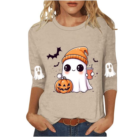 Tnhcen Women's 2025 Halloween Cute Print 3/4 Sleeve Round Neck Loose Fit T-Shirt Soft Comfortable Fashion Top S-3XL Multiple Colors to Choose from