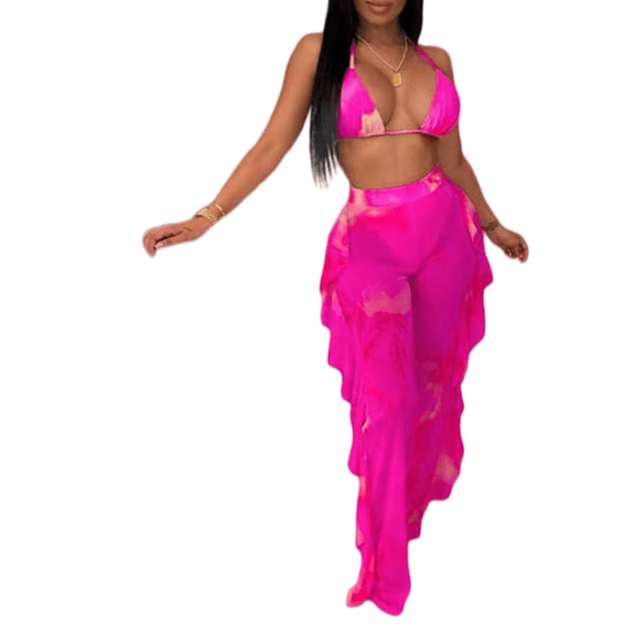 Women's 2-Piece Mesh Cover Up Pants Set with Bikini Swimsuit for Beach Clubwear