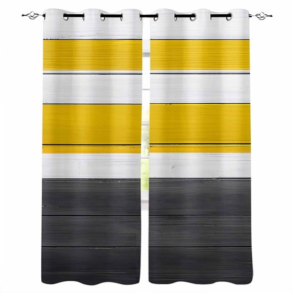 Black Yellow Wooden Blackout Curtains for Bedroom/Living Room, Thermal Insulated Kitchen Curtains, White Hardwood Plank Board Rural Grommet Darkening Window Treatment Drapes 42"x84"x2