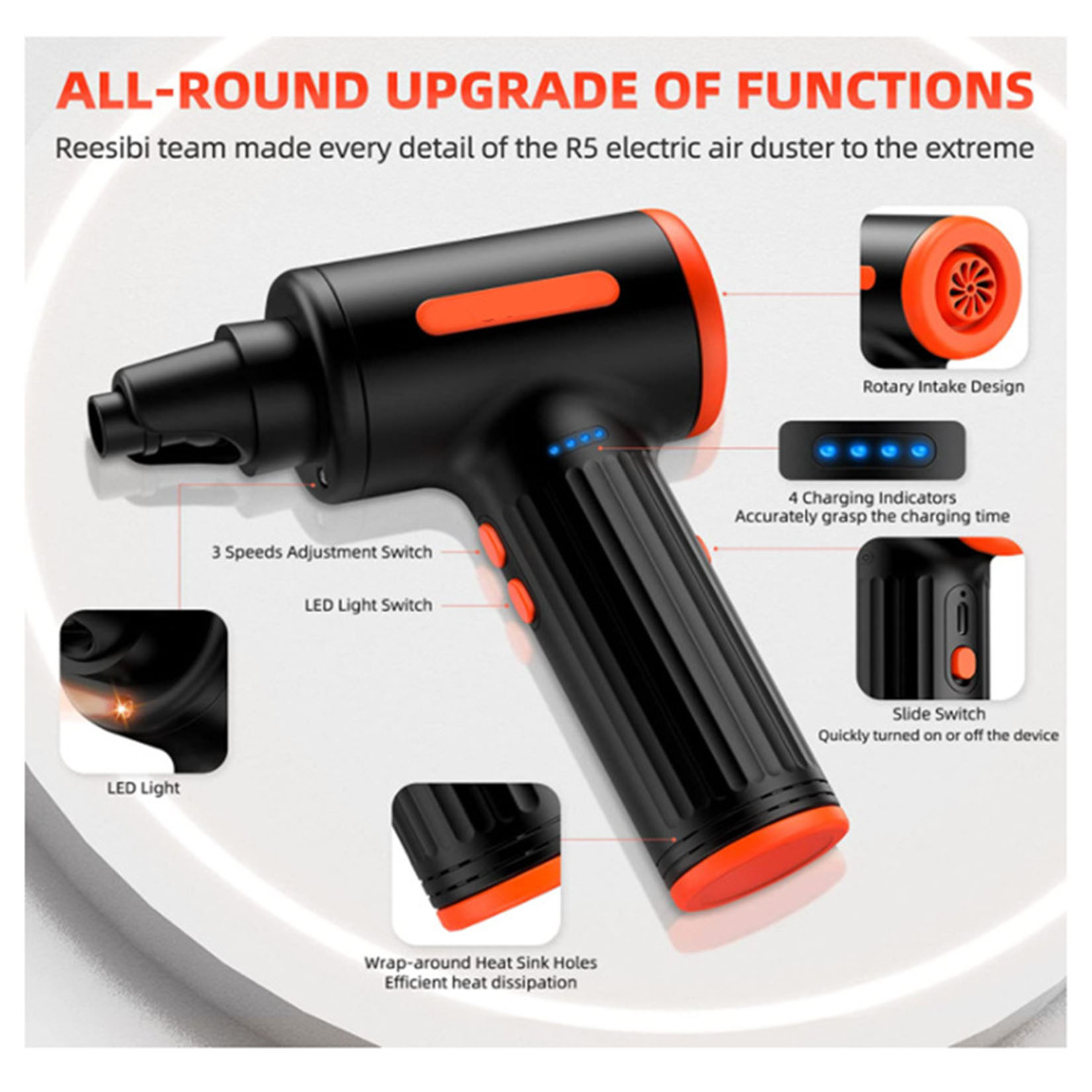 Compressed Air Duster 90000RPM Strongest Compressed Air Blower,Cordless Air Can Duster,11KPa Airflow Electric Blower,3-Gears Speed,7500mAh Battery,90W for Computer Keyboard Electronics Cleaning,Reusab