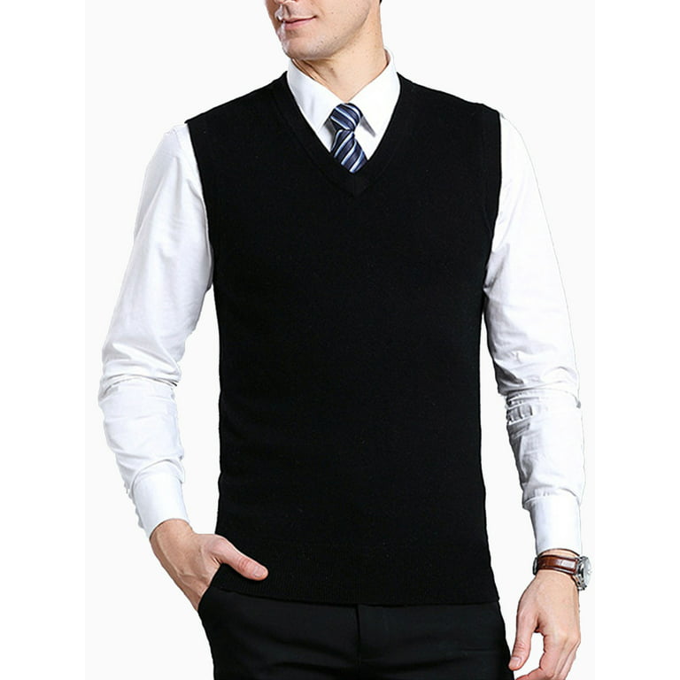 Men's Solid Sweater Vest with Ribbed Edge Relaxed Fit V-Neck