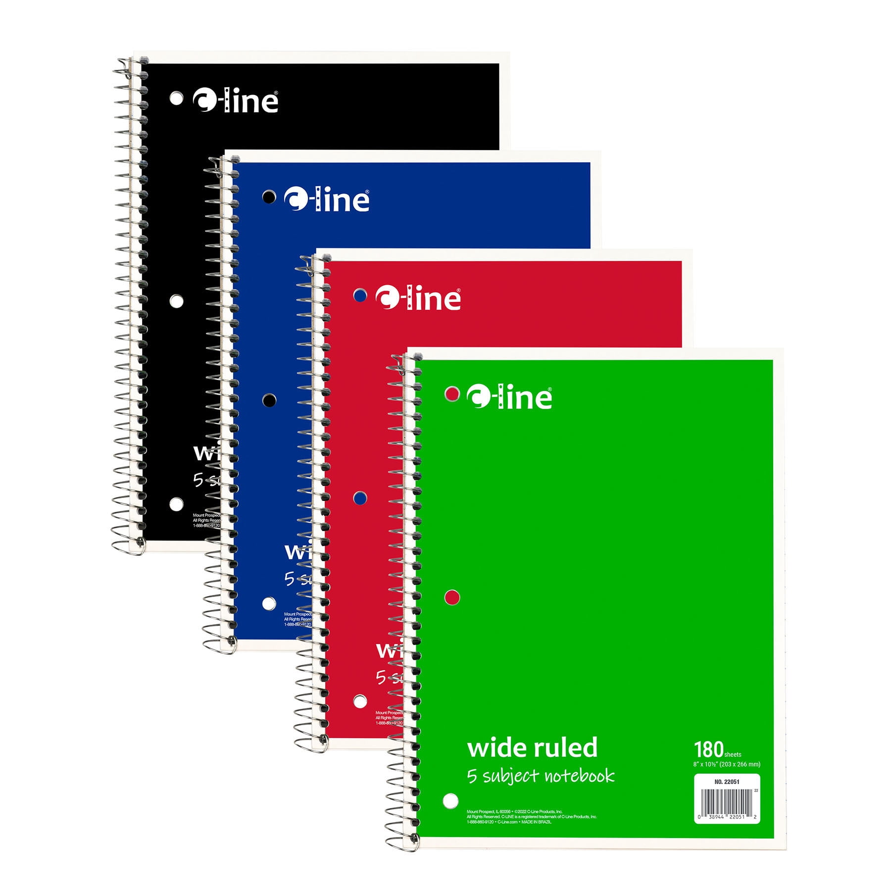 C-Line 5-Subject Notebook, Wide Ruled, 180 Sheets, Assorted Colors, Pack of 3