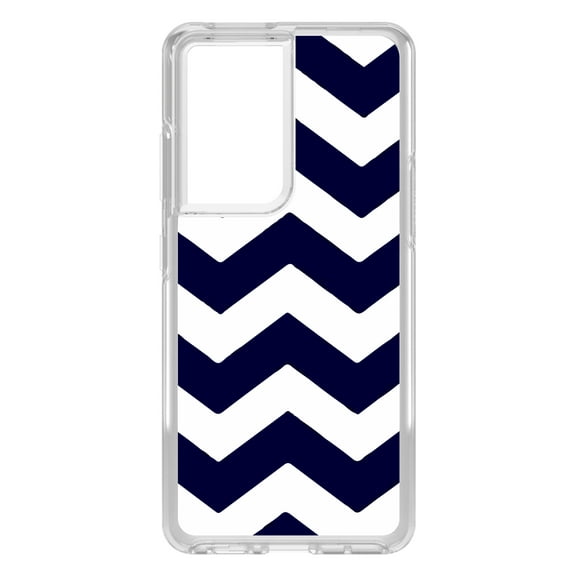 DistinctInk Clear Shockproof Hybrid Case for Galaxy S21 ULTRA 5G (6.8" Screen) - TPU Bumper, Acrylic Back, Tempered Glass Screen Protector - Navy Blue White Chevron Stripes - Chevron Stripes