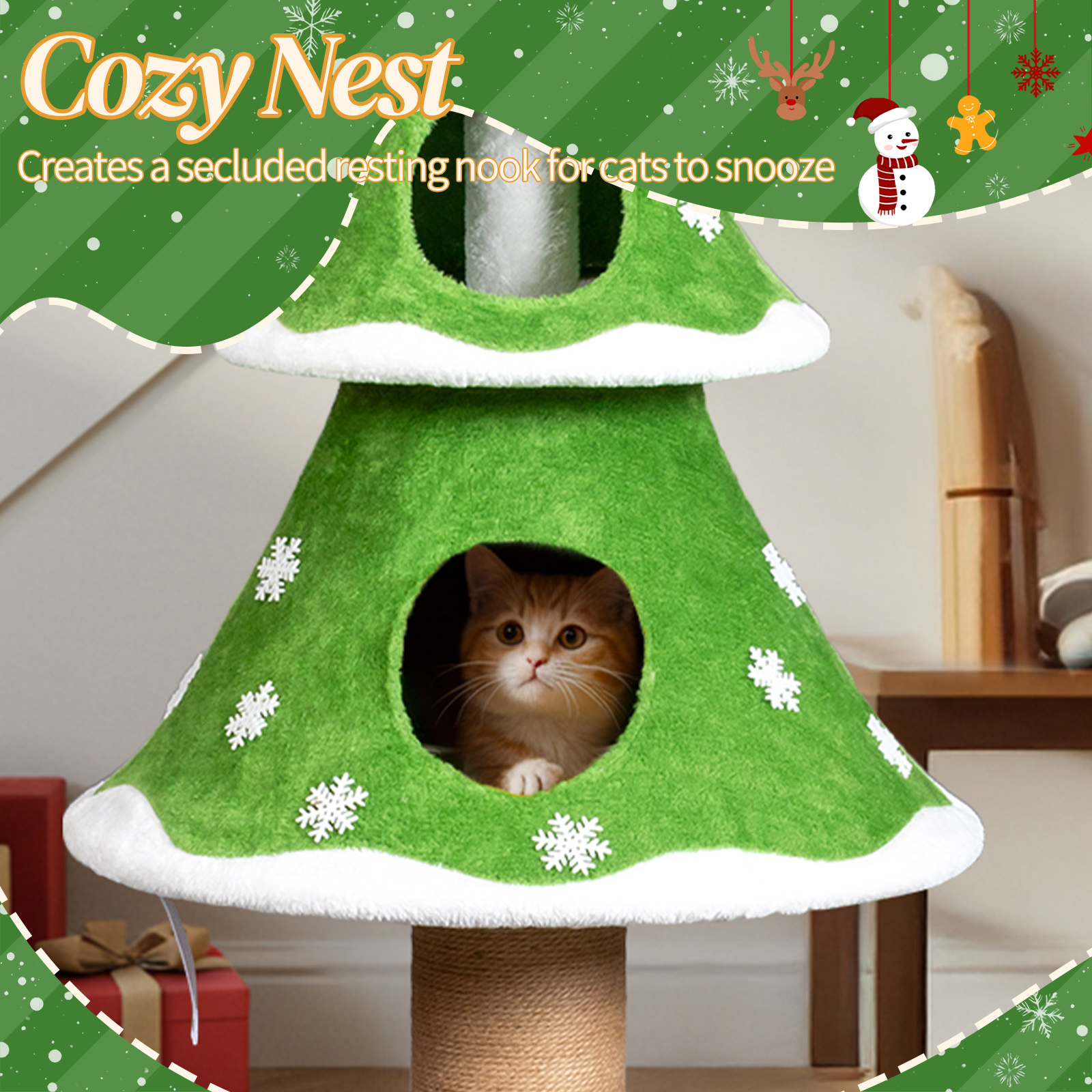 Zephypaws 59" Holiday Cat Tower with 2 Hideaway Condos, Fleece-Covered Levels, Sisal Scratch Post, Hanging Teaser Toy, Broad Base for Stability & Decorative Tree Design, Green & White