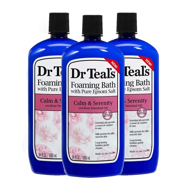 Set de regalo de baño espumoso Calm & Serenity con sales de Epsom puras del Dr. Teal (paquete de 3, 940 ml c/u). Los aceites esenciales de rosa y la proteína de leche alivian el estrés y dejan la piel