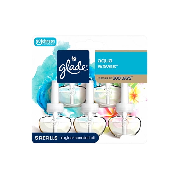 Glade PlugIns Scented Oil 5 Refills, Air Freshener, Aqua Waves, Essential Oil Infused Wall Plug In, 3.35 FL oz, 5 Refills