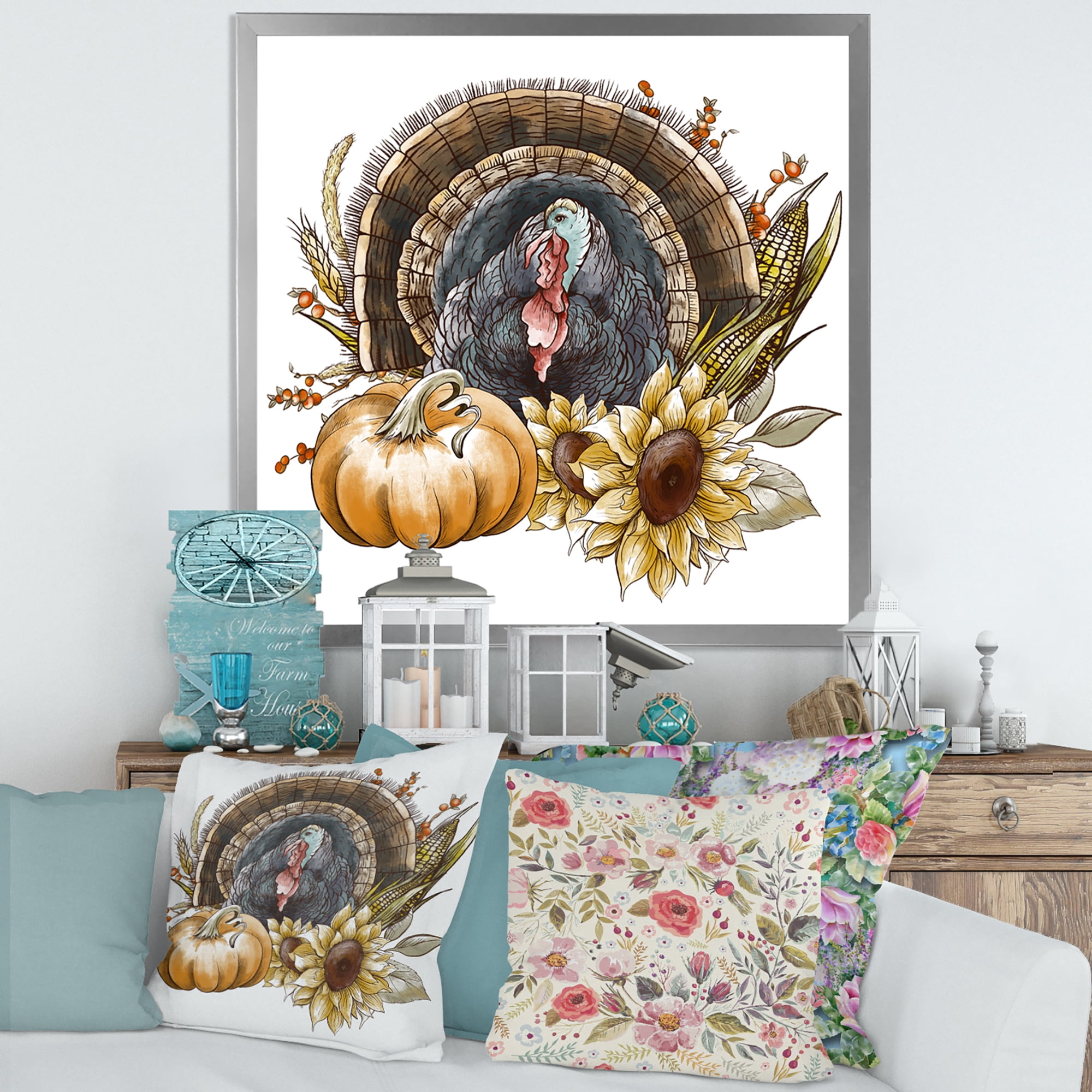 Designart 'Thanksgiving Vintage Turkey Pumpkin and Sunflowers ' Farmhouse Framed Art Print