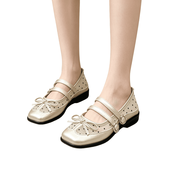 LTTVQM Women's Lace Mesh Ballet Flats Comfortable Bow Double Strap Polka Dot Low Heel Mary Jane Shoes Summer Dressy Square Closed Toe Business Work Walking Shoes Gold 39(US-7.5)