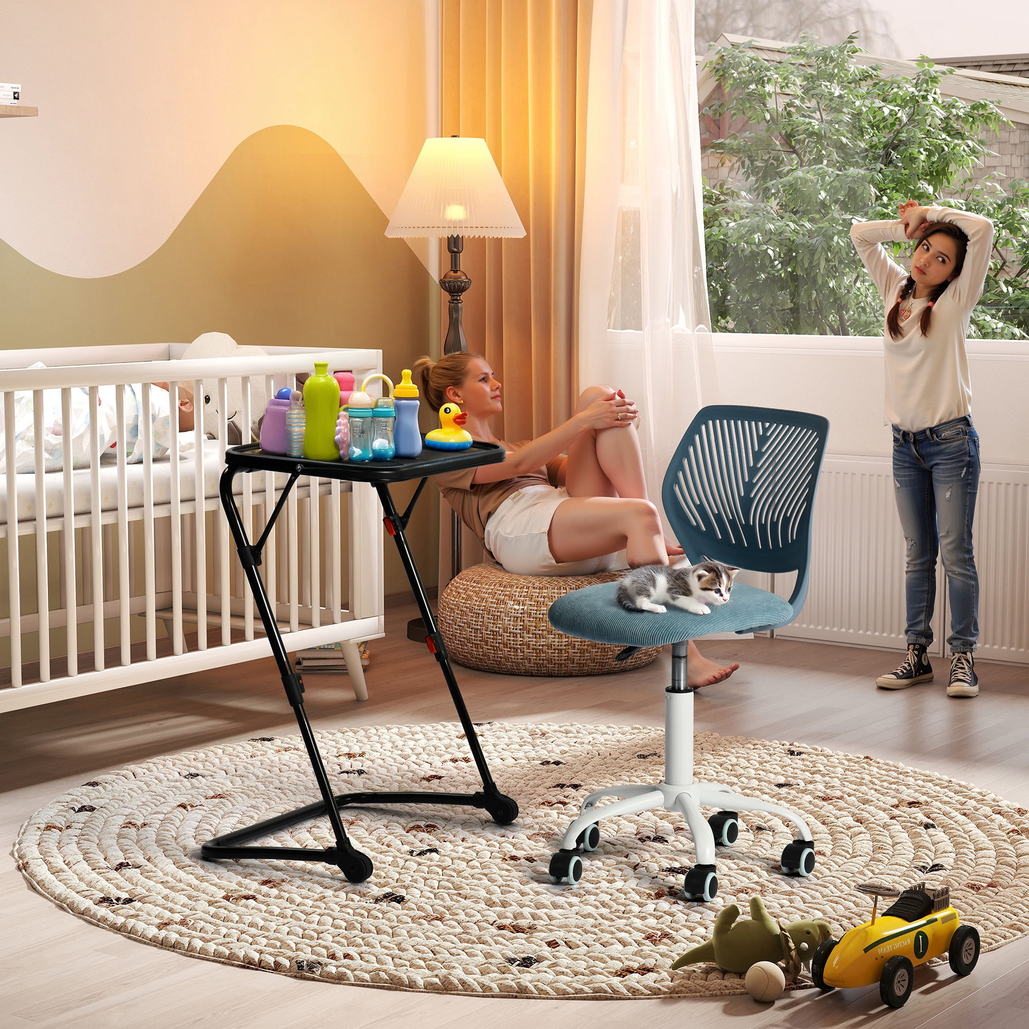 Homy Casa Kids Folding Study Desk and Ergonomic Swivel Chair Set, Adjustable Seat Height, Game Table with Soft PVC Top