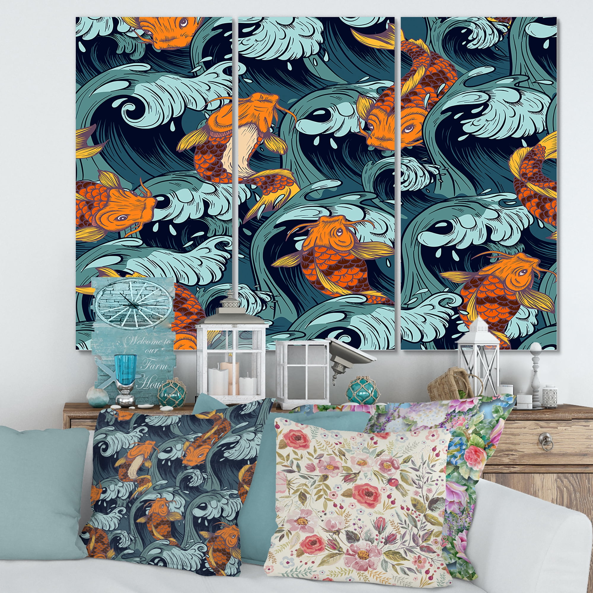 Designart ' Japanese Koi Fish on Sea Waves ' Nautical & Coastal Canvas Wall Art Print