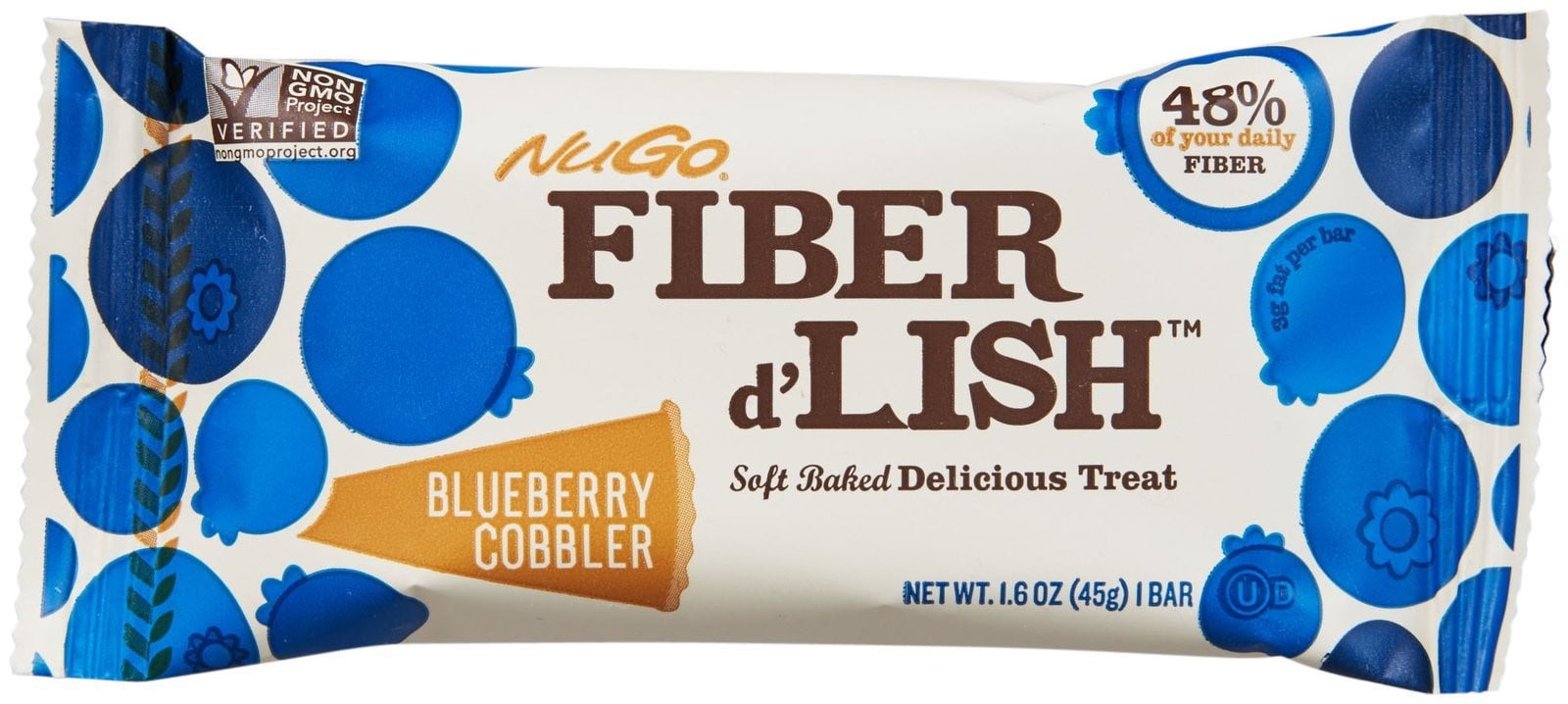 NuGo Fiber d'Lish Bar, Blueberry Cobbler, 1.6 Ounce, (Pack of 16