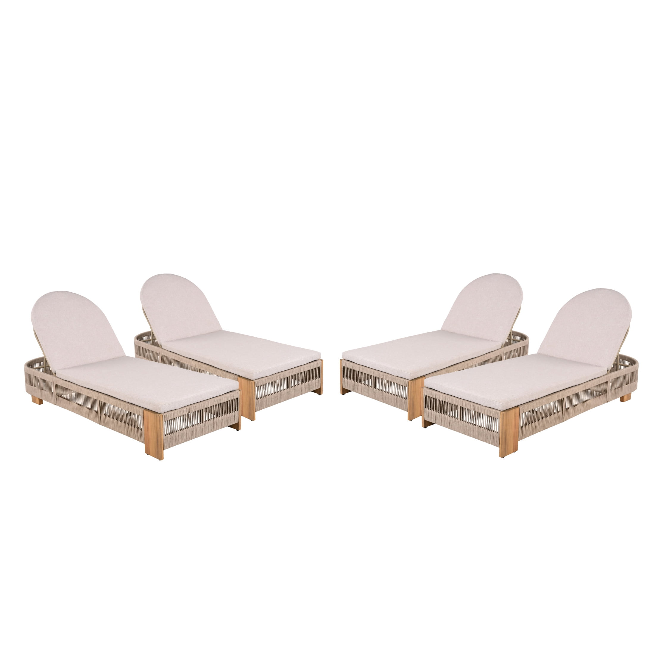 Christopher Knight Home Adjustable Outdoor Wood Chaise Lounge with Cushion, Rope Accent, Beige, Set of 4