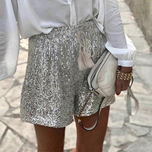 Womens Shorts Women Summer Sequins Shorts High Waist Casual Loose A Line Hot Pants Sparkly Clubwear Night-out Skorts Shorts For Women