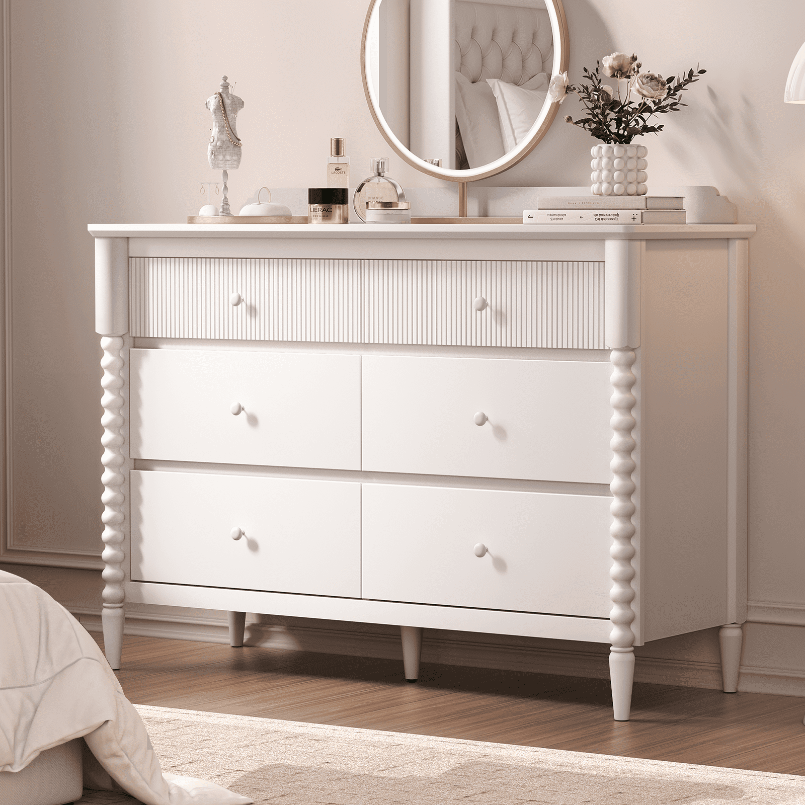 JOINICE 6-Drawer Dresser with Storage, Wide Wood Chest Cabinet for Bedroom, Nursery and Living Room, Large Organizer Furniture, White, All Ages
