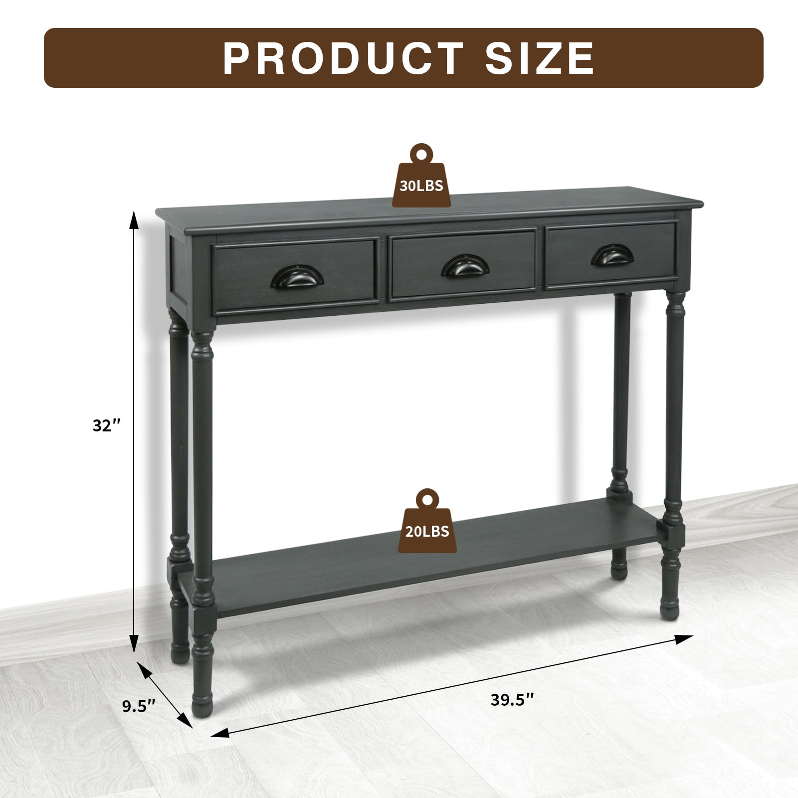 Urbanest Burlington Solid Wood Console Table with 3 Drawers & Lower Shelf – Entryway Table, Hallway Sofa Table, Narrow Accent Table for Living Room – 39.5″ × 9.5″ × 32″ – Gun Metal Farmhouse Decor