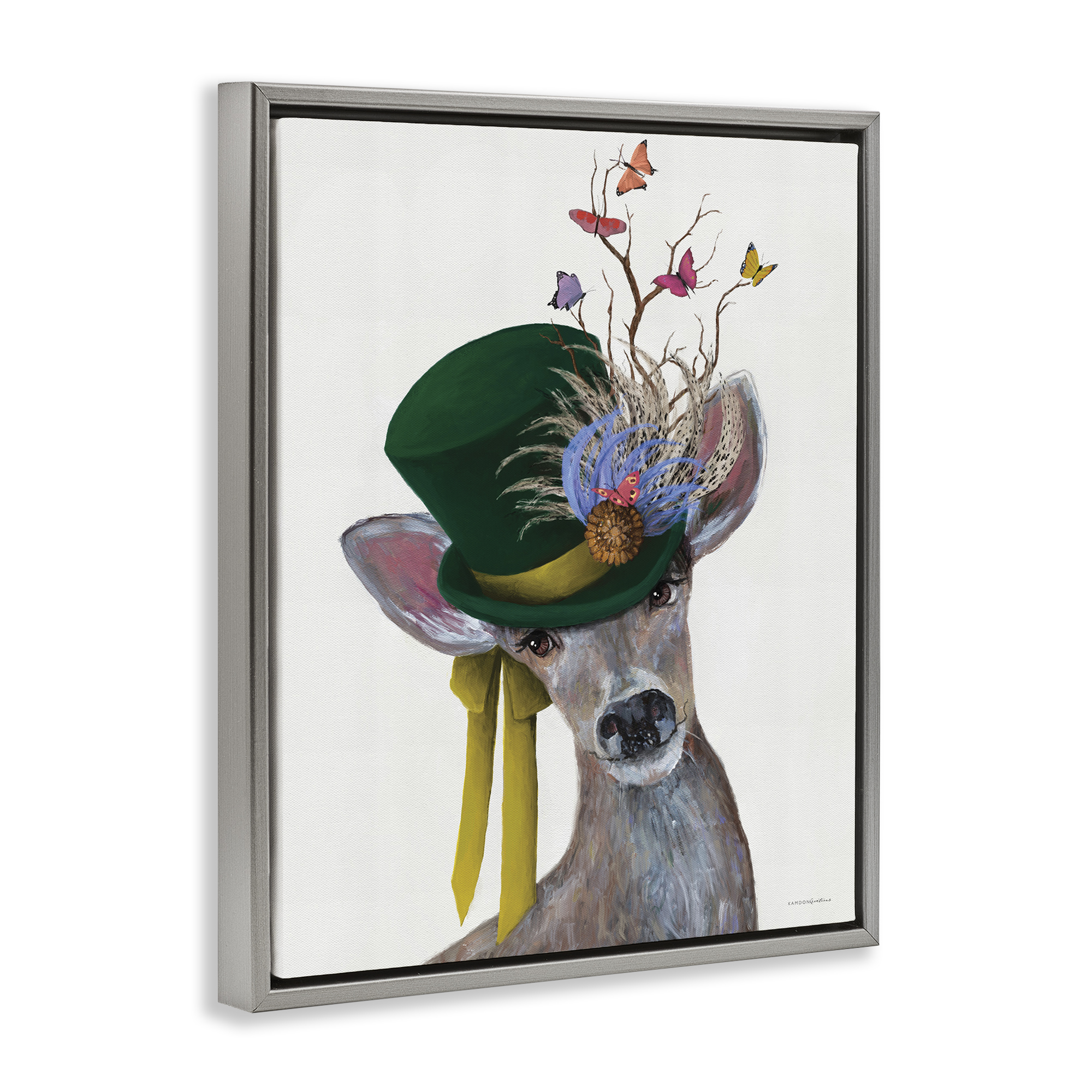 Stupell Industries Deer with Butterfly Hat Animals & Insects Painting Gray Floater Framed Canvas Art Print Wall Art, 17 x 21