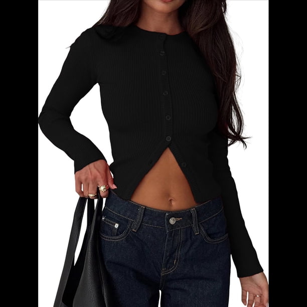 Suéter Corto Informal de Larga con Cuello Halter, Botones y Abertura Frontal para Mujer Negro S
